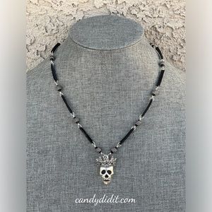 NWT Candy Did It! Handmade Scull & Crown Black Leather And Silver Biker Necklace
